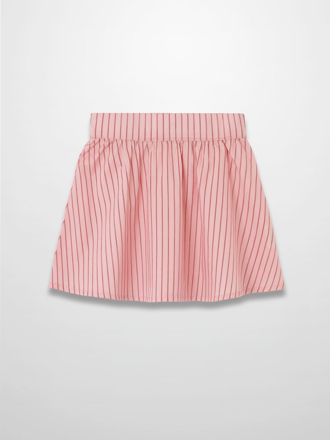 Striped pink cotton skirt with a gathered waist and vertical stripes.