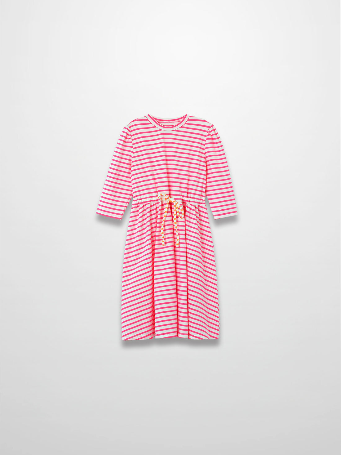 Neon pink striped dress with 3/4 sleeves and yellow tie waist, knee-length.