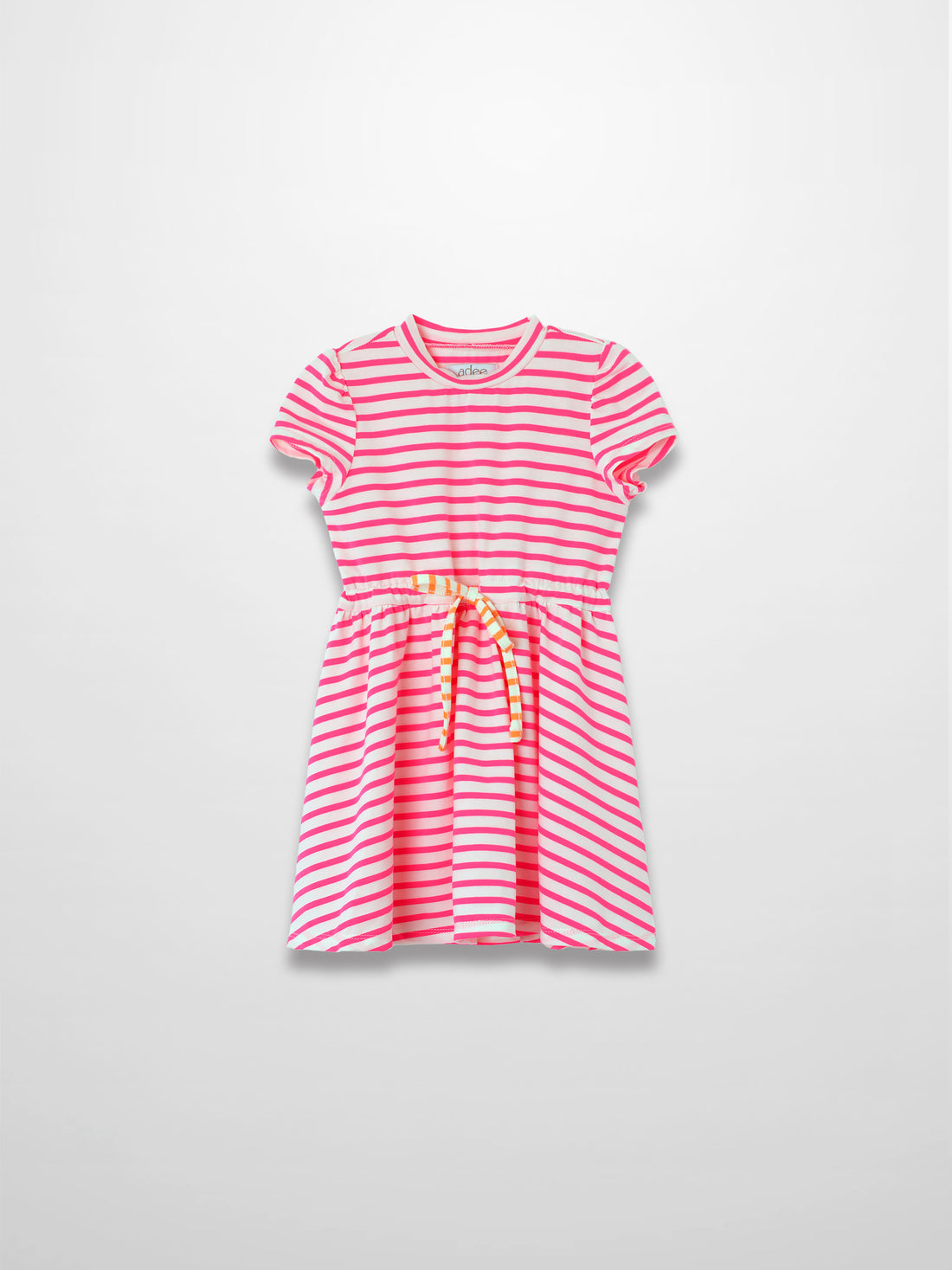 Neon pink striped short-sleeve dress with a yellow waist belt tied at the front.