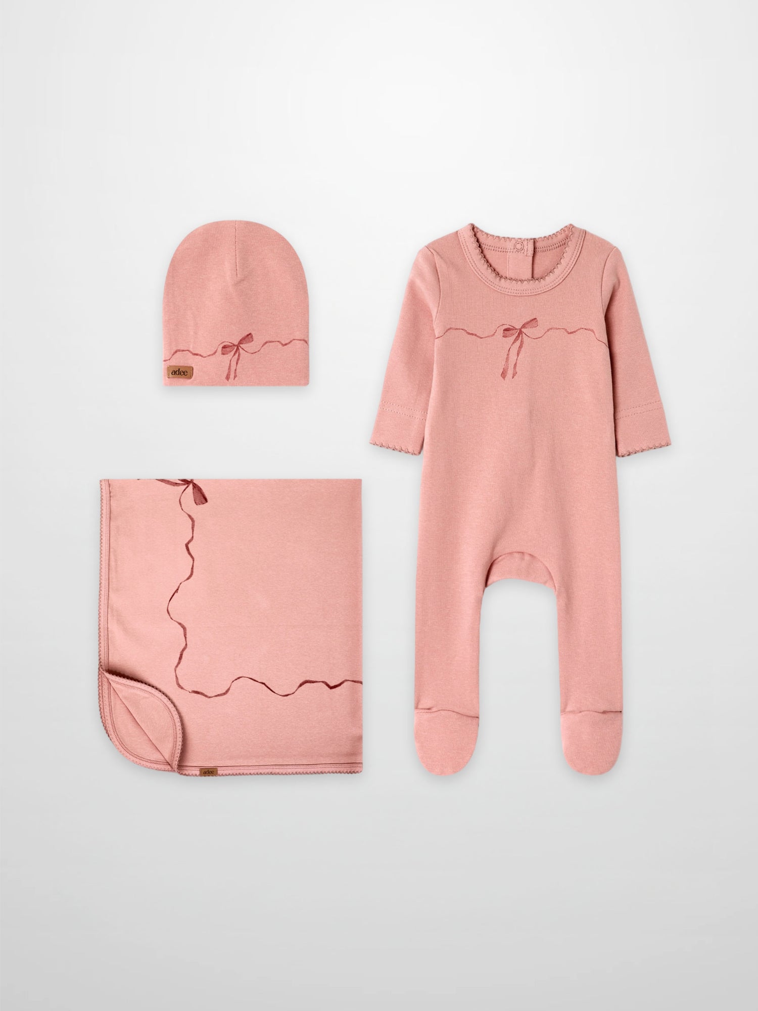 Pink Bow Stretchy with Lace three-piece girls set by Adee - includes footed sleepsuit, hat, and blanket