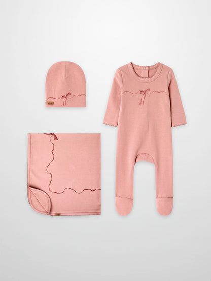 Pink Bow Stretchy with Lace three-piece girls set by Adee - includes footed sleepsuit, hat, and blanket