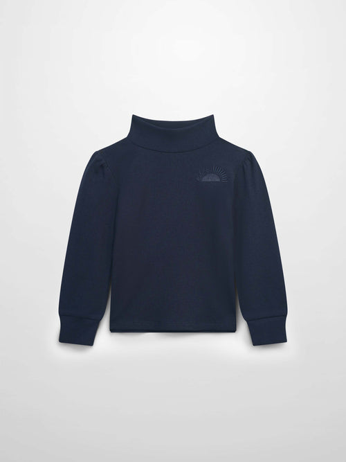 Navy ribbed puff-sleeve shirt with mock neck and cuffed wrists for girls.