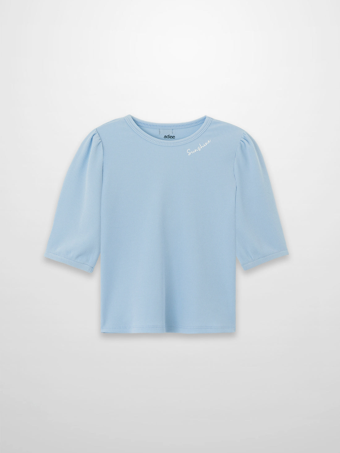 Light blue ribbed 3/4 puff sleeve T-shirt with round neckline and Sunshine embroidery on the chest.