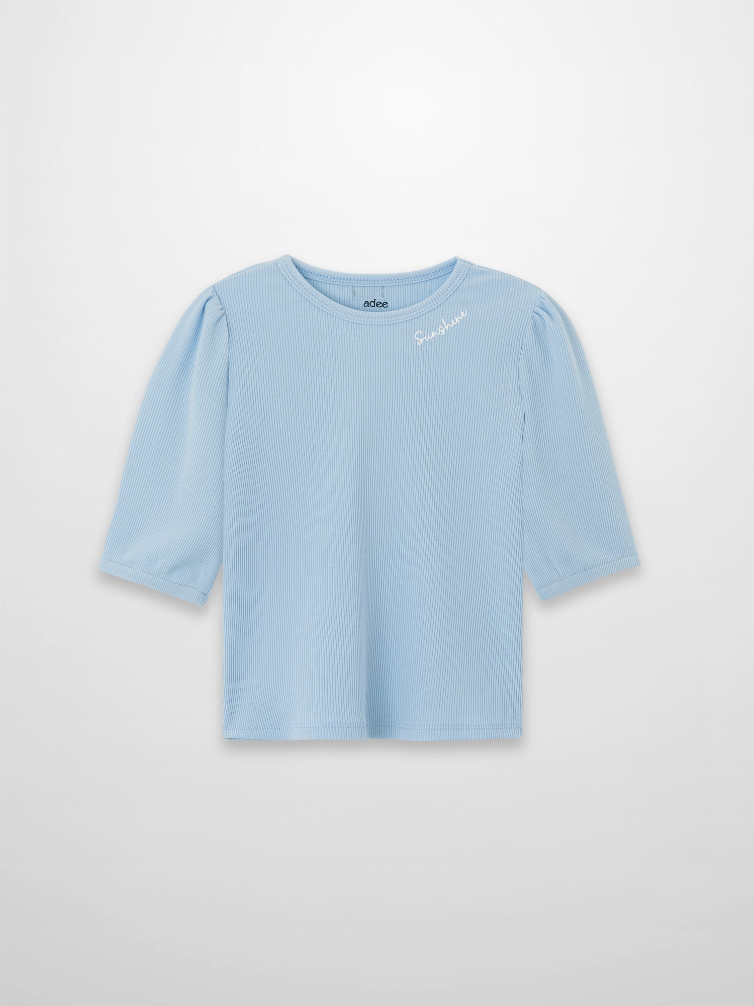 Light blue ribbed 3/4 puff sleeve T-shirt with round neckline and Sunshine embroidery on the chest.