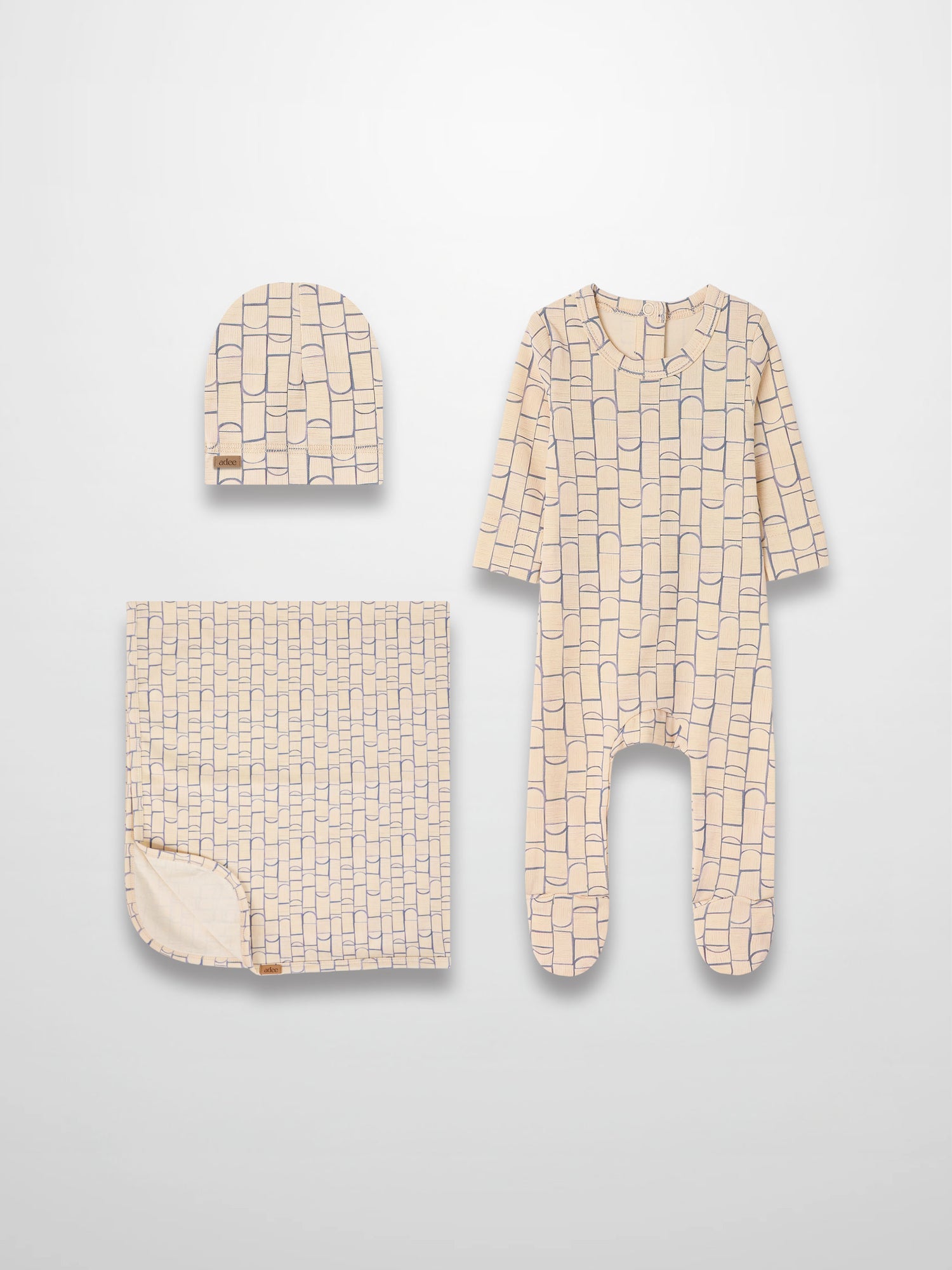 Adee Geometric Crossover Boys Layette Set - 3-piece including hat, blanket, and footed romper in beige with blue geometric print