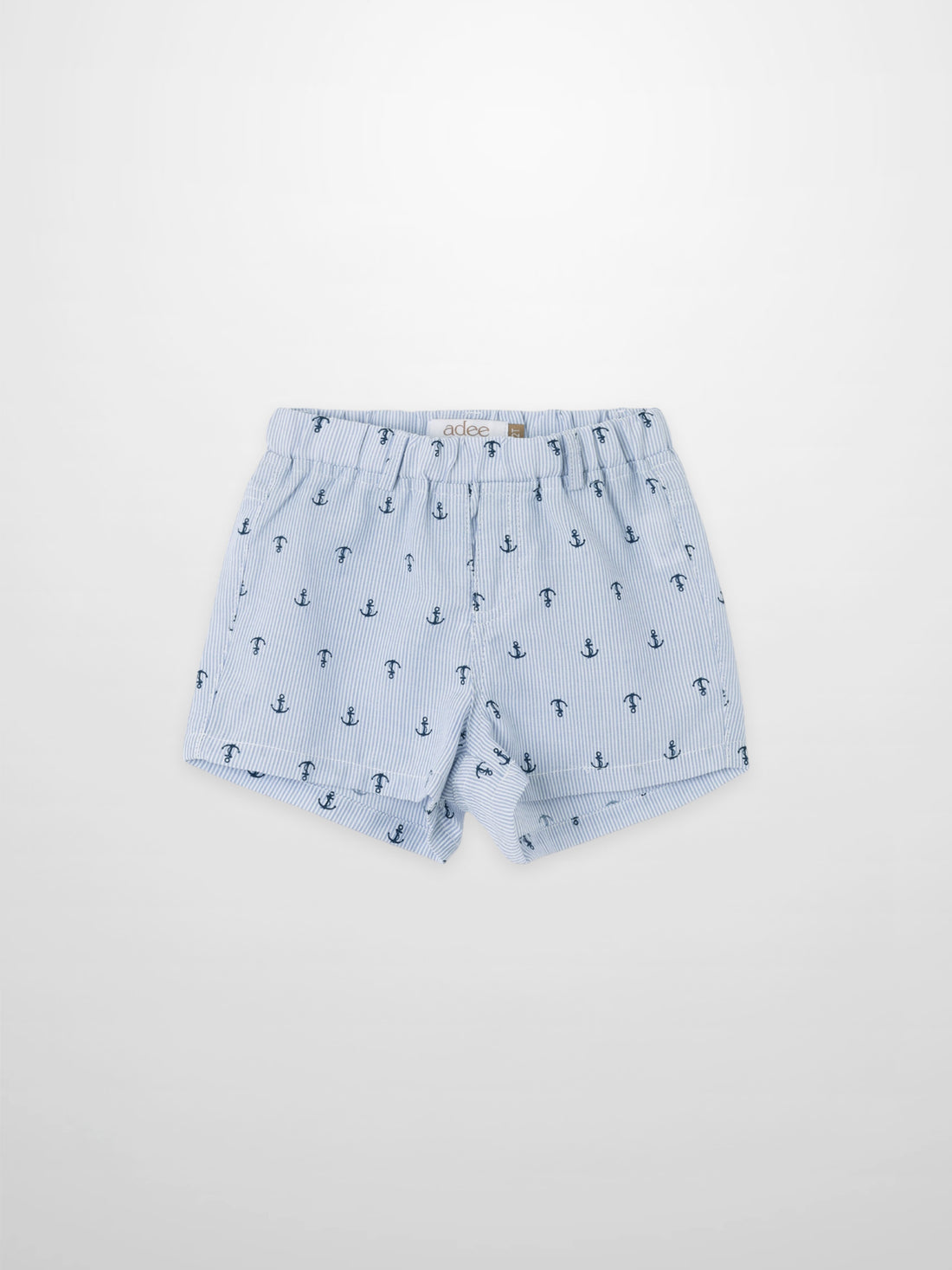 Anchor Shorts by Adee for boys, light blue striped fabric with navy anchor print