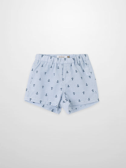 Anchor Shorts by Adee for boys, light blue striped fabric with navy anchor print