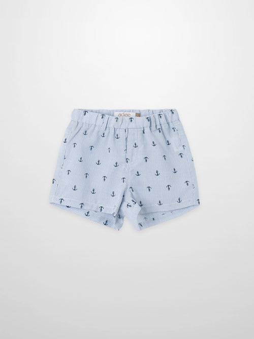 Anchor Shorts by Adee for boys, light blue striped fabric with navy anchor print