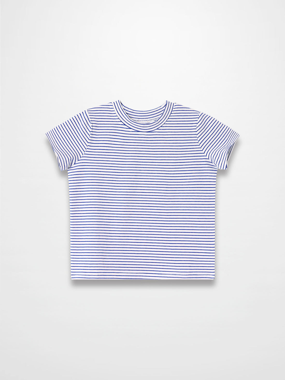 Blue striped boxy T-shirt laid flat with crew neck and short sleeves