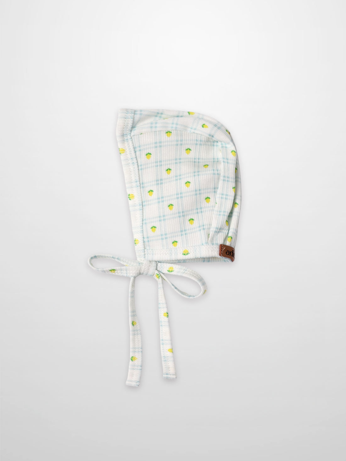 Lemon Window Bonnet for boys by Adee, light blue plaid with lemon print and tie ribbons