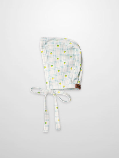 Lemon Window Bonnet for boys by Adee, light blue plaid with lemon print and tie ribbons