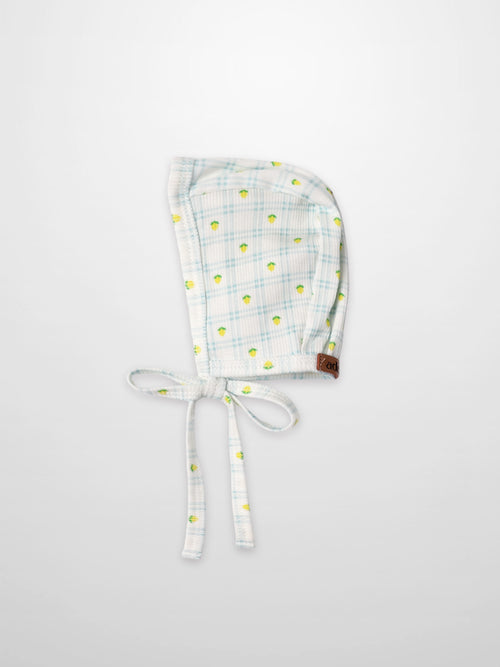 Lemon Window Bonnet for boys by Adee, light blue plaid with lemon print and tie ribbons