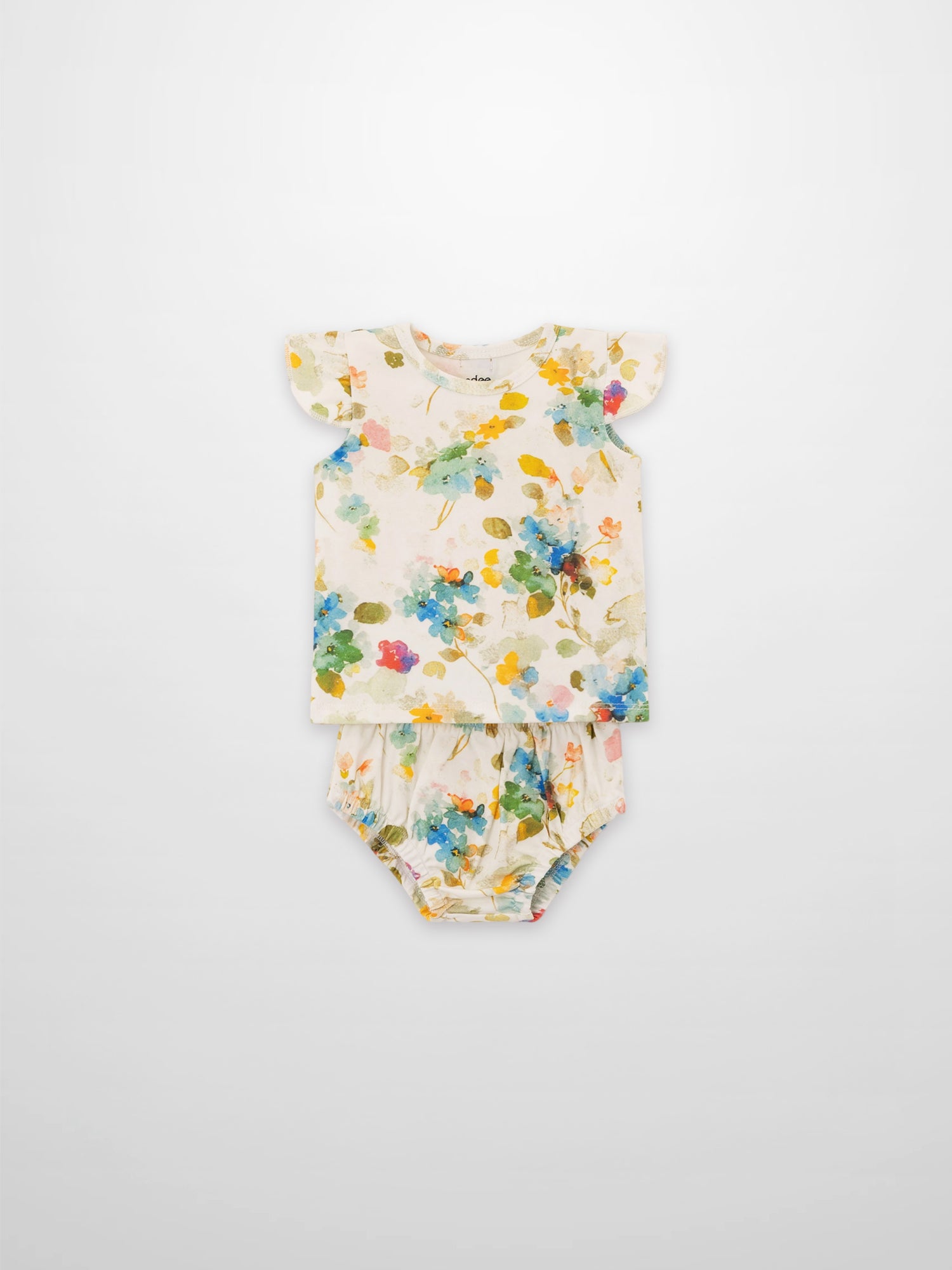 Pastel Flower Bloomers Set by Adee; floral print top with ruffled sleeves and matching bloomers