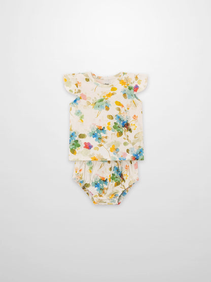 Pastel Flower Bloomers Set by Adee; floral print top with ruffled sleeves and matching bloomers