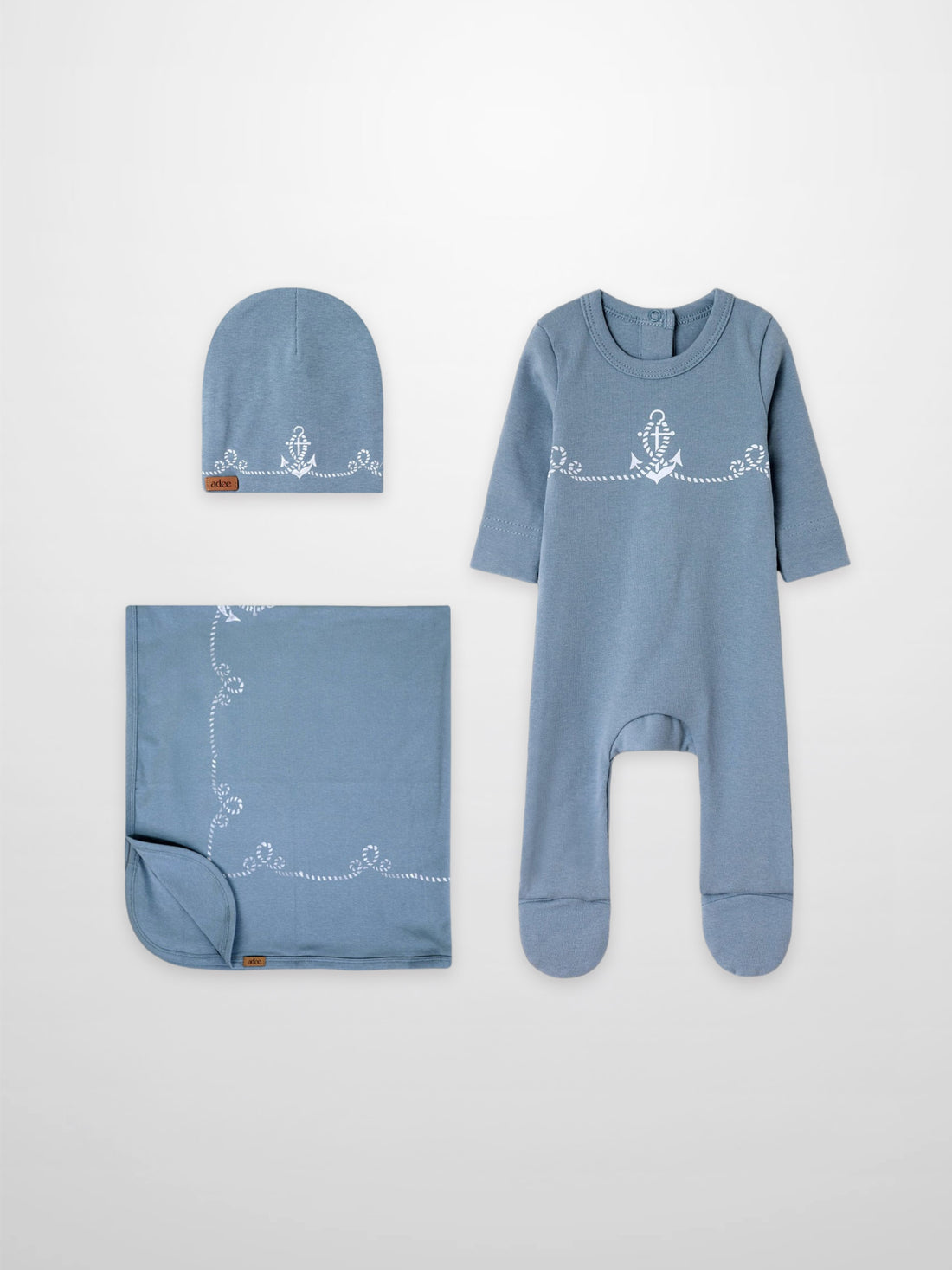 Blue Anchor boys layette set by Adee, three-piece including hat, romper and blanket.