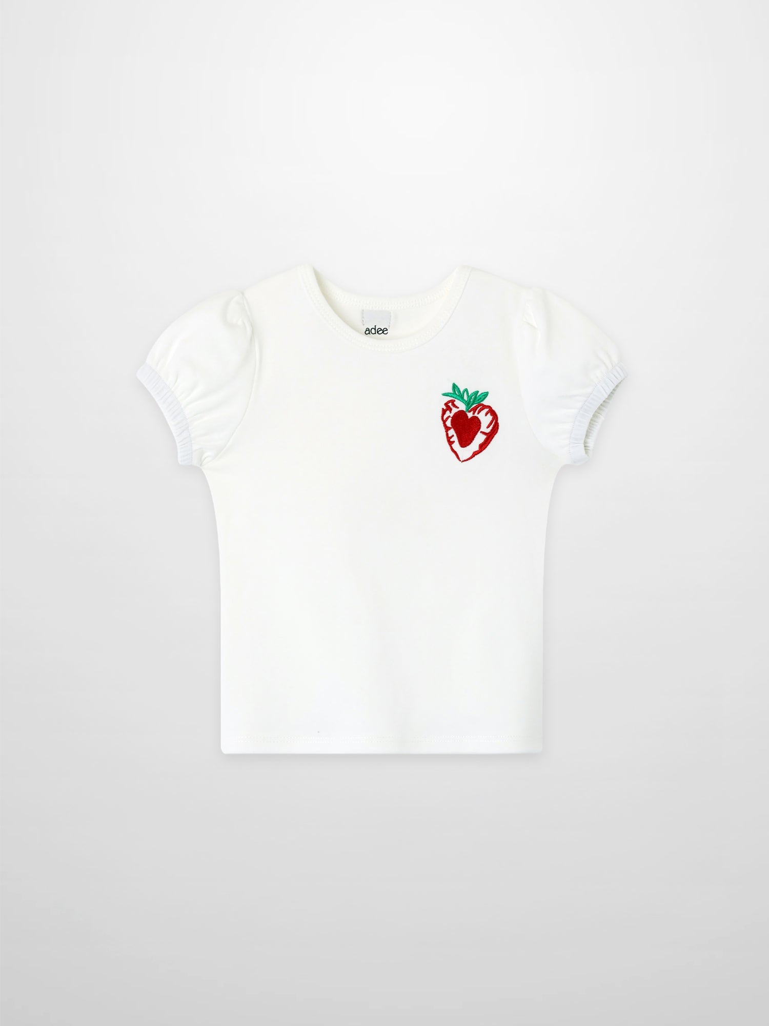 Embroidered Strawberry Short Puff Sleeve T-shirt by Adee, white girls&