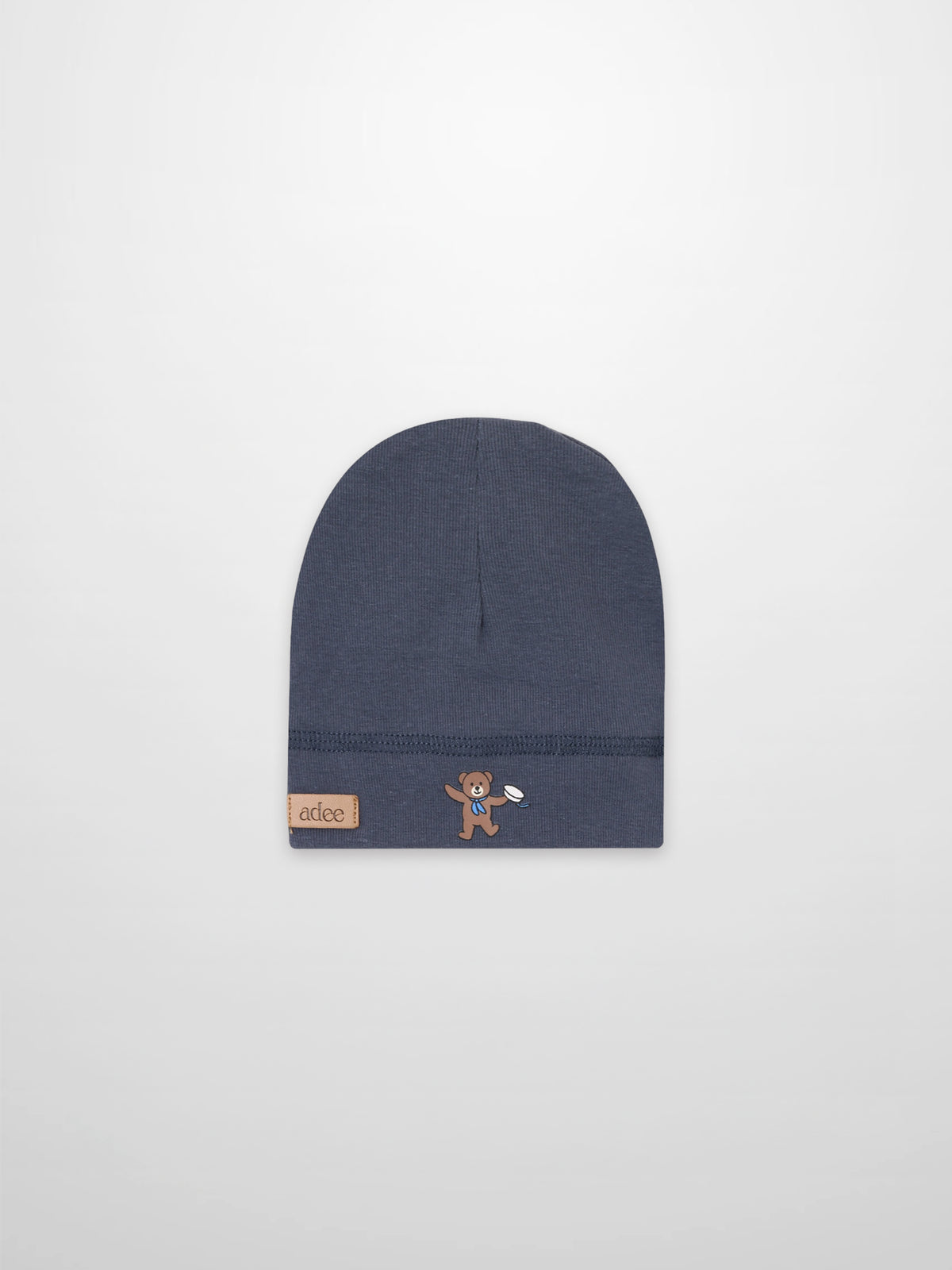 Teddy Frame Hat by Adee; navy blue boys beanie with teddy bear patch on the cuff.