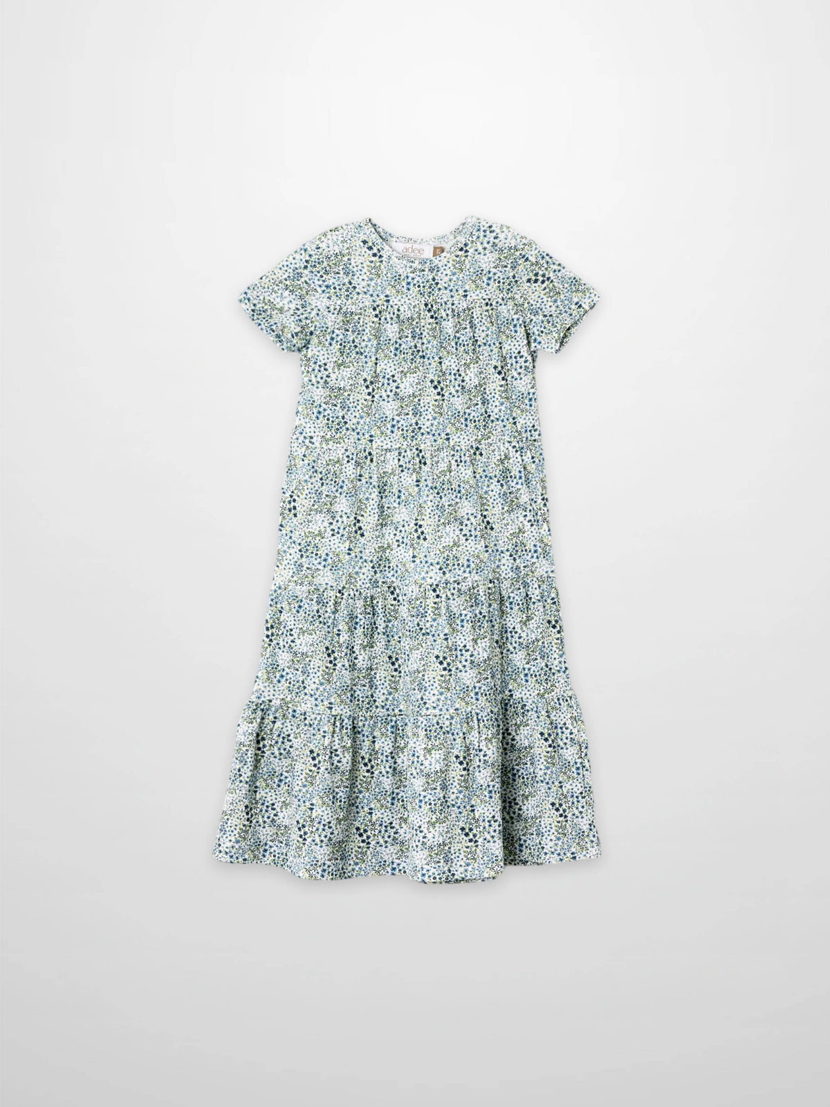 Blue Floral Robe - Short Sleeve, Adee girls dress with tiny blue floral pattern