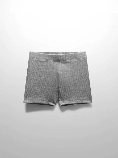 Grey thin-ribbed biker shorts with elastic waistband for babies and toddlers.