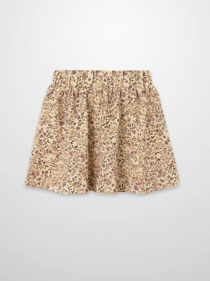 Beige floral skirt with purple blossoms and an elastic waistband.