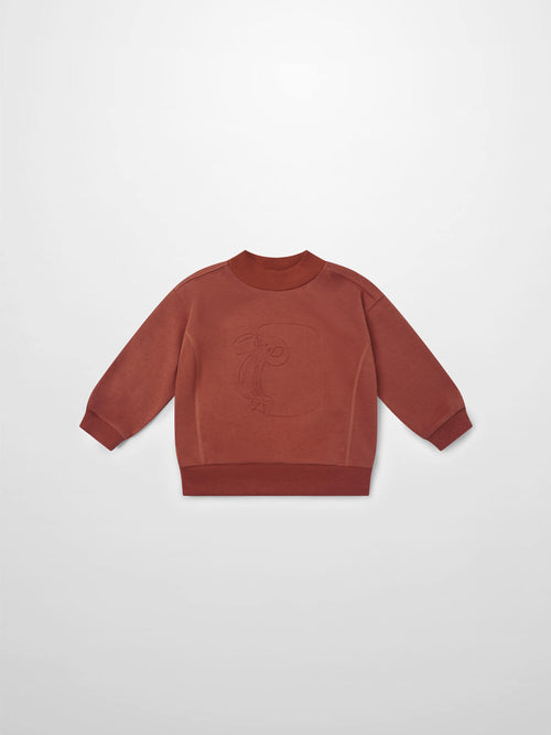 Embossed Mug Sweatshirt for girls; rust color, Adee brand, warm lightweight knit top.