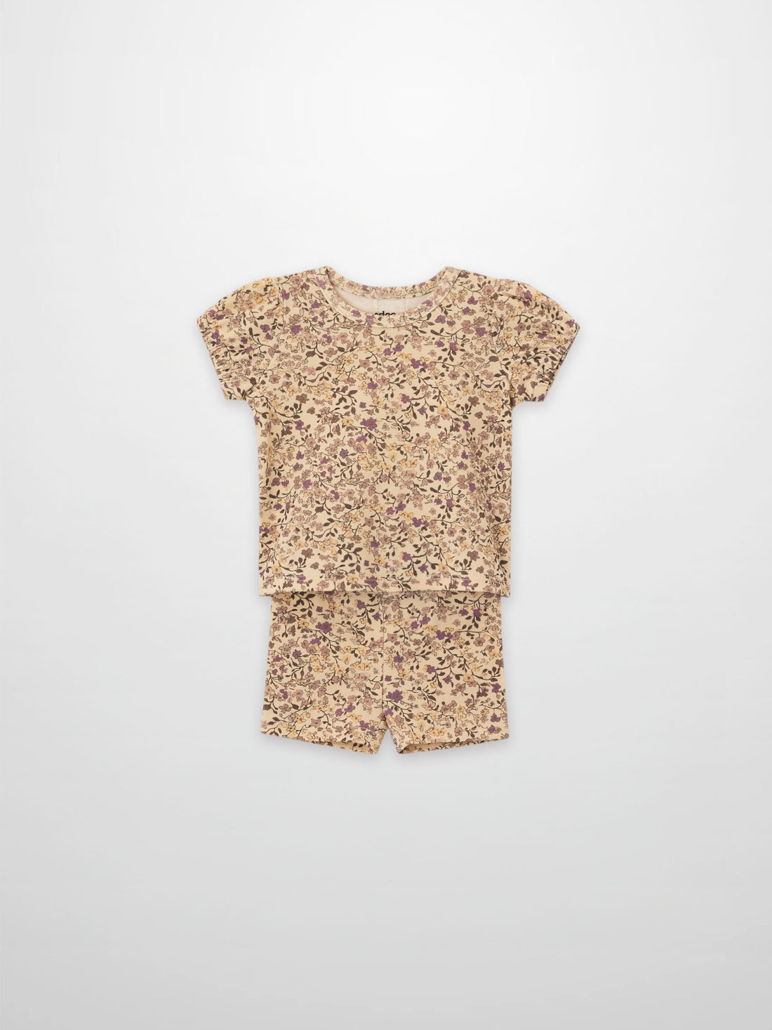 Purple Flower Shorts Set, 2-piece beige floral outfit by Adee