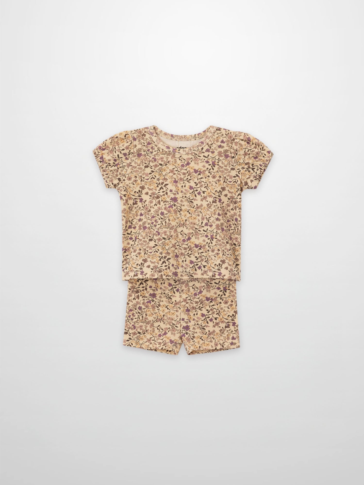 Purple Flower Shorts Set, 2-piece beige floral outfit by Adee