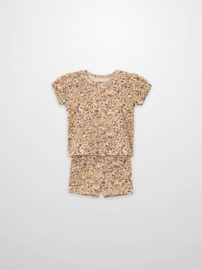Purple Flower Shorts Set, 2-piece beige floral outfit by Adee