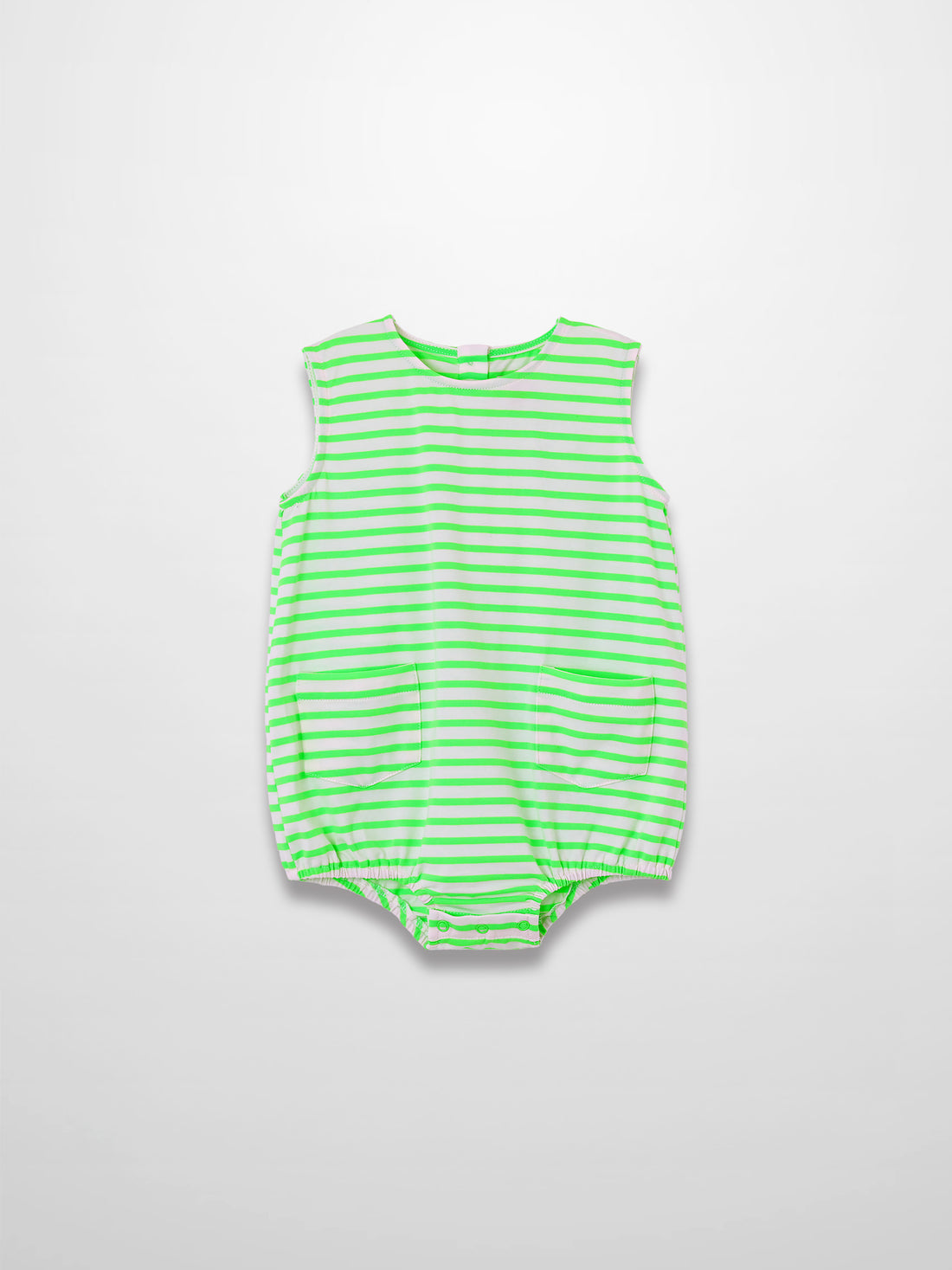 Neon green striped romper with front pockets and snap-bottom closures.