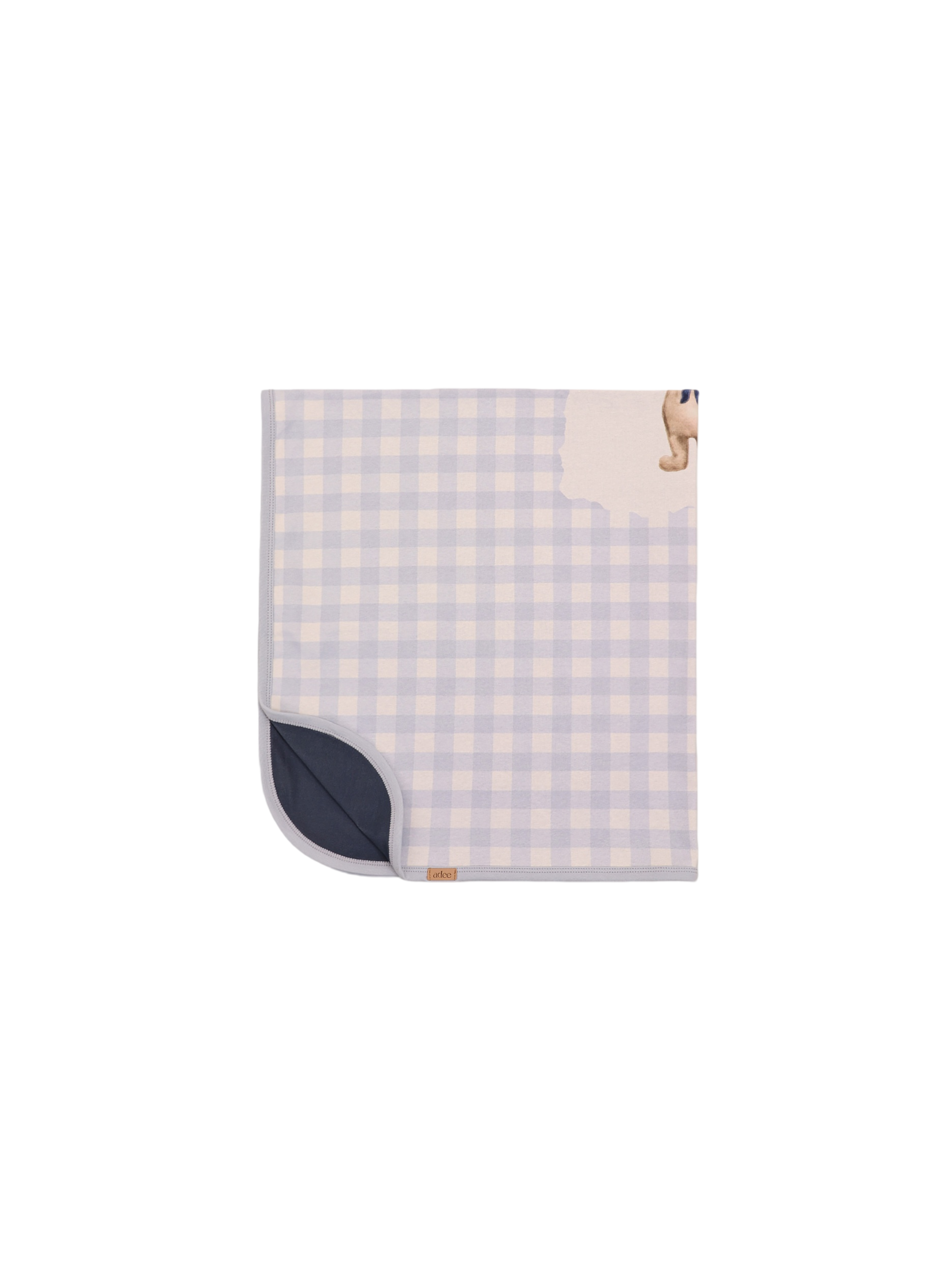 Teddy Frame Blanket Adee, boys swaddle blanket in light blue gingham with teddy bear corner and navy backing