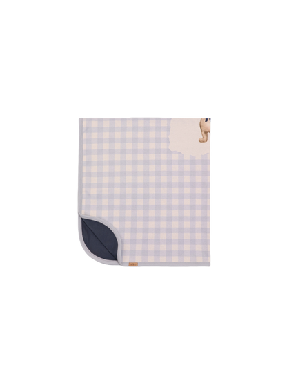 Teddy Frame Blanket Adee, boys swaddle blanket in light blue gingham with teddy bear corner and navy backing