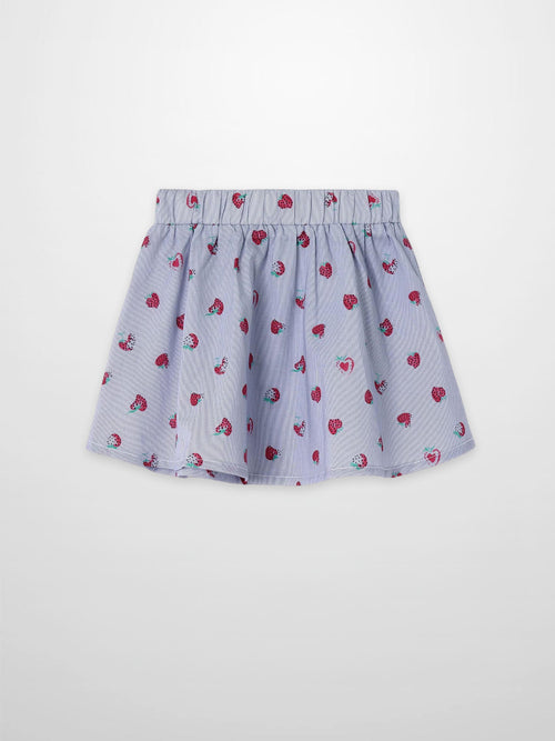 Strawberry print girls skirt by Adee, light blue with scattered strawberries and elastic waistband