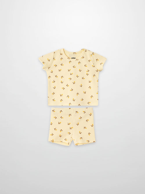 Butter-yellow tulip print 2-piece short-sleeve tee and shorts set for little girls by Adee