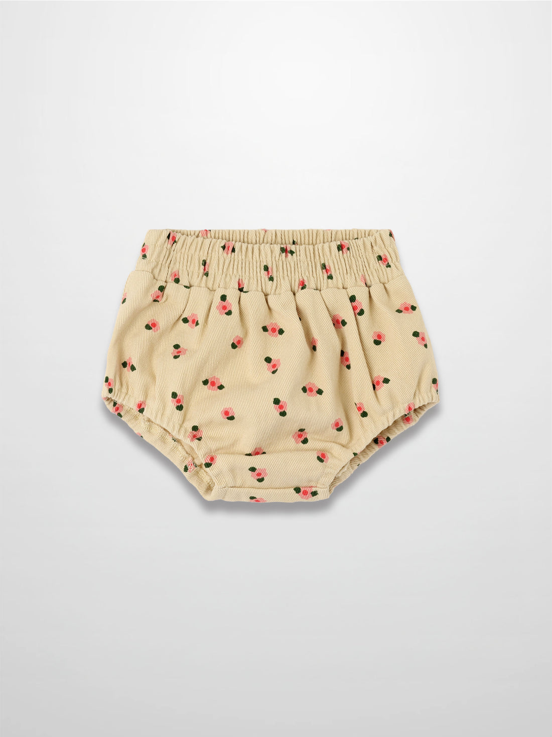 Tan floral bloomers with pink flowers and green leaves, elastic waist and gathered leg openings.