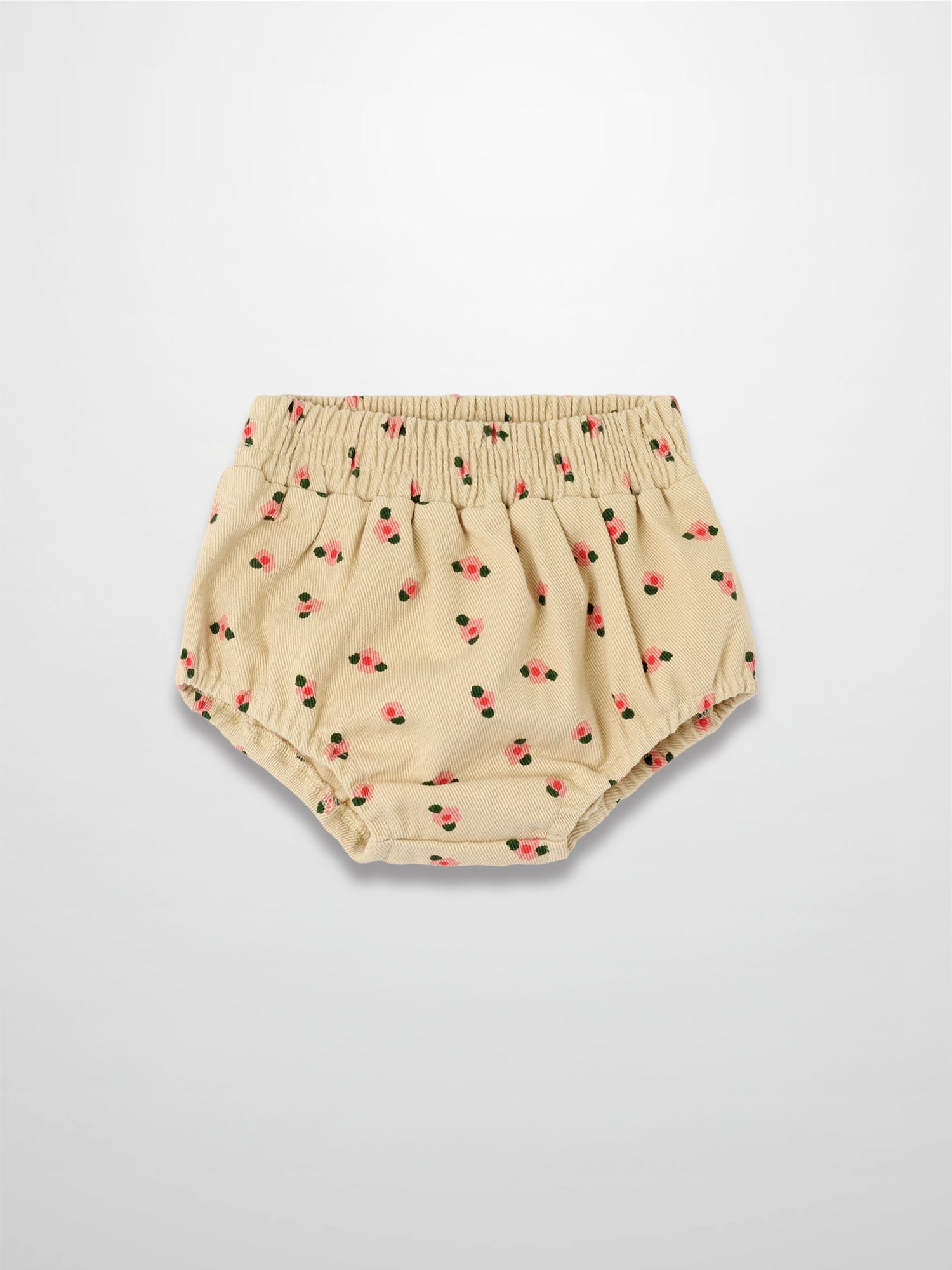 Tan floral bloomers with pink flowers and green leaves, elastic waist and gathered leg openings.