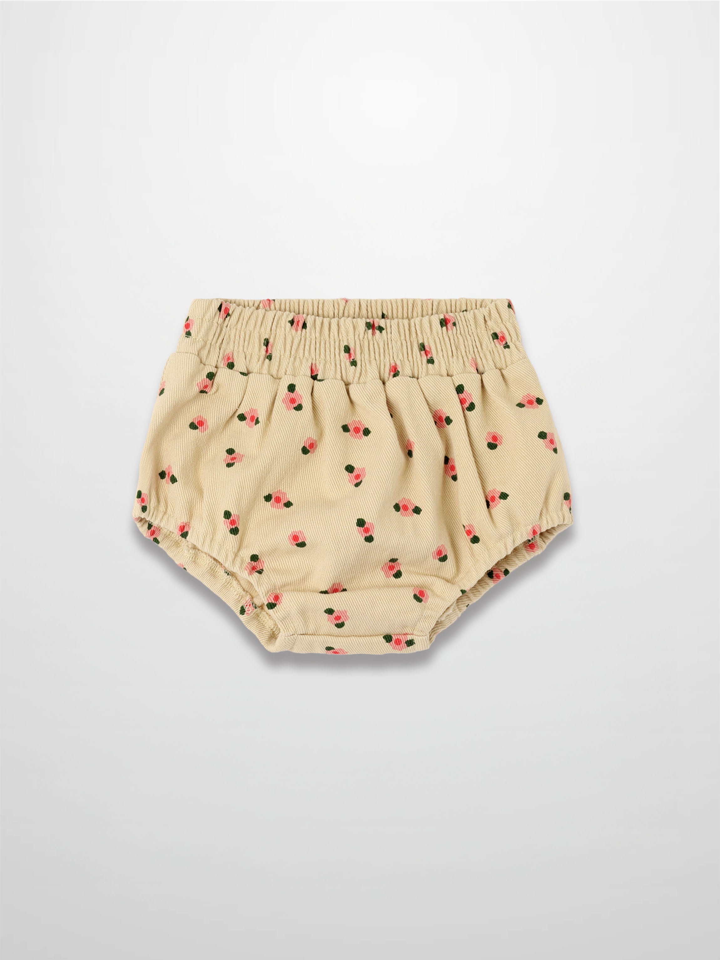 Tan floral bloomers with pink flowers and green leaves, elastic waist and gathered leg openings.
