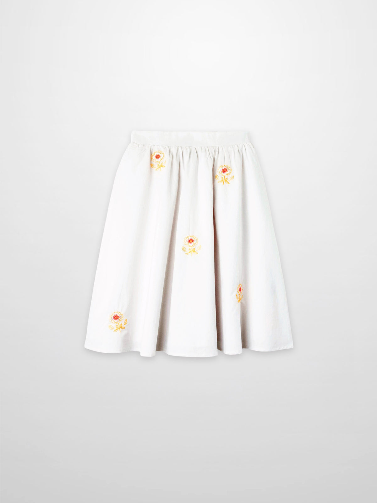 Embroidered Flower Skirt for girls, white dressy skirt with yellow-orange floral embroidery.