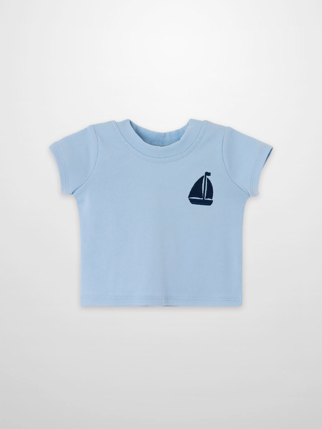 Short Sleeve Emblem Boxy T-Shirt for boys in light blue with navy sailboat emblem by Adee