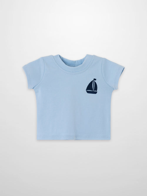 Short Sleeve Emblem Boxy T-Shirt for boys in light blue with navy sailboat emblem by Adee