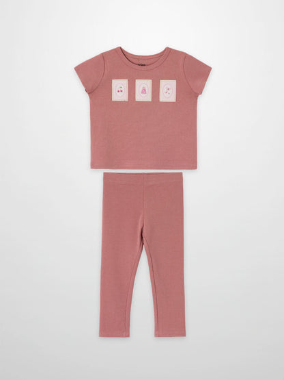 Adee Cherry Frame Set; 2-piece pink top with three framed icon patches and matching leggings