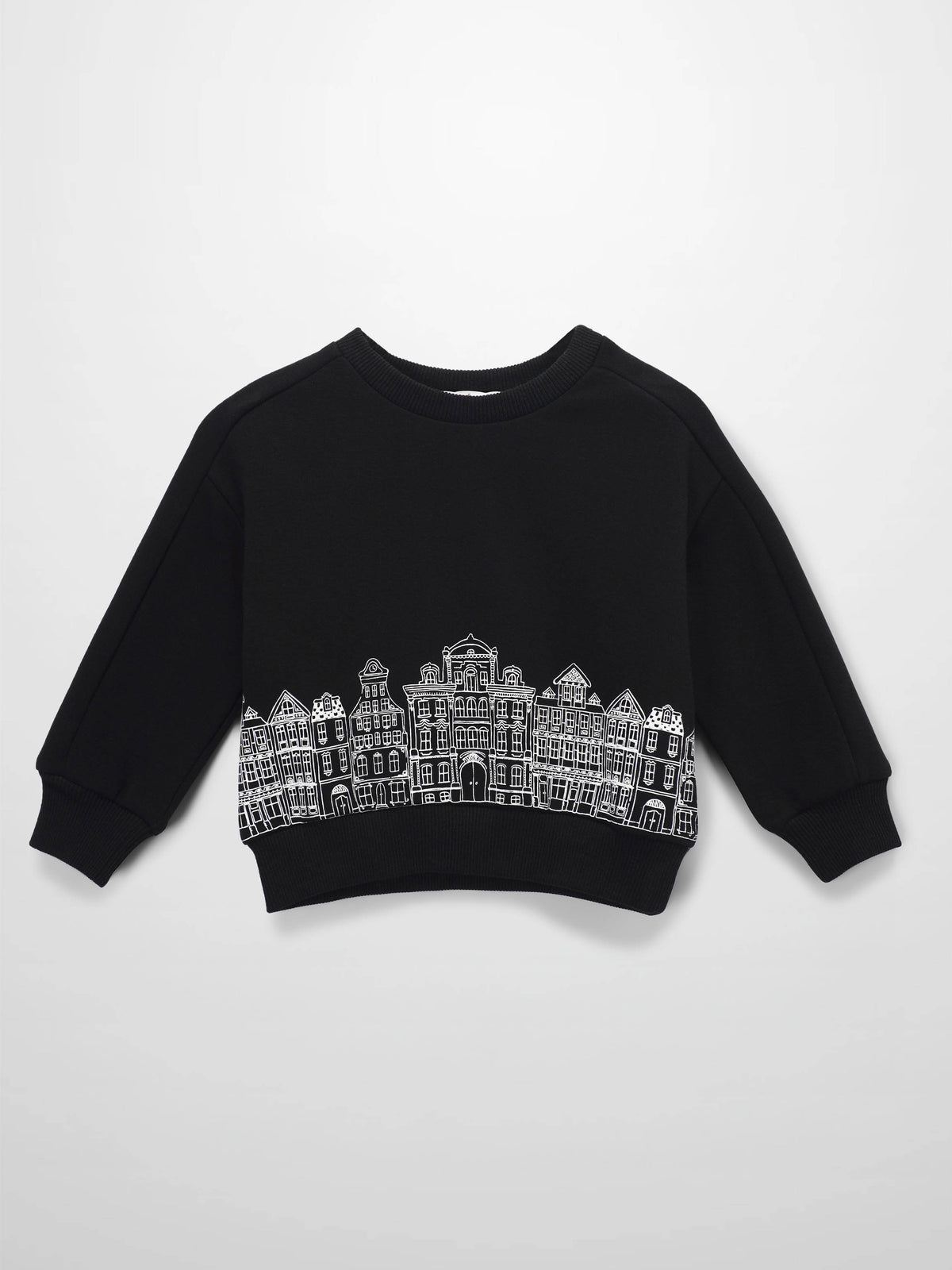 Black Skyline Sweatshirt for kids with white city skyline graphic at hem, ribbed cuffs, crew neck.
