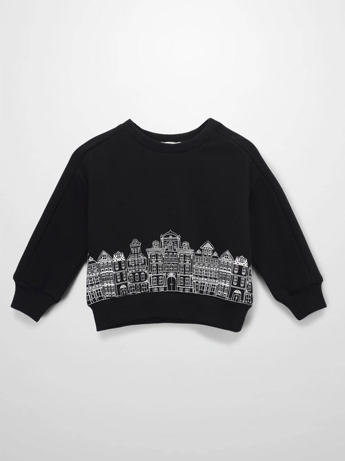 Black Skyline Sweatshirt for kids with white city skyline graphic at hem, ribbed cuffs, crew neck.