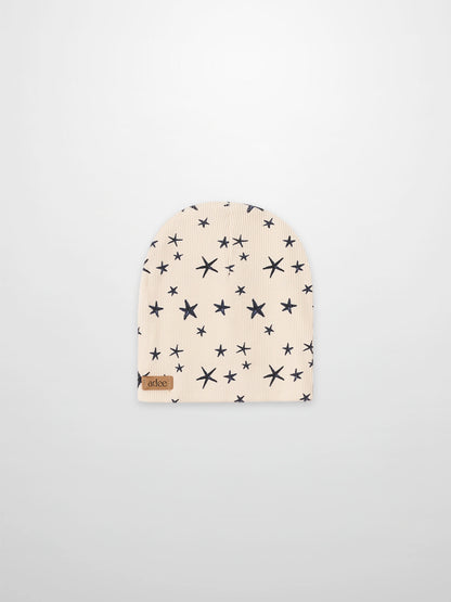Star Beanie for boys in light beige with navy star pattern by Adee.