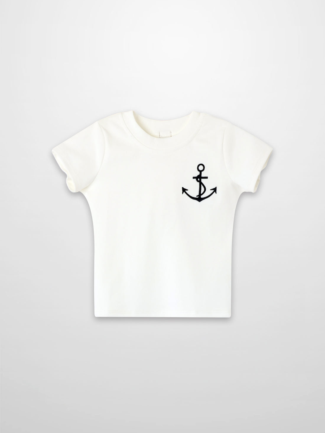 White boxy short-sleeve T-shirt with embroidered anchor on chest.