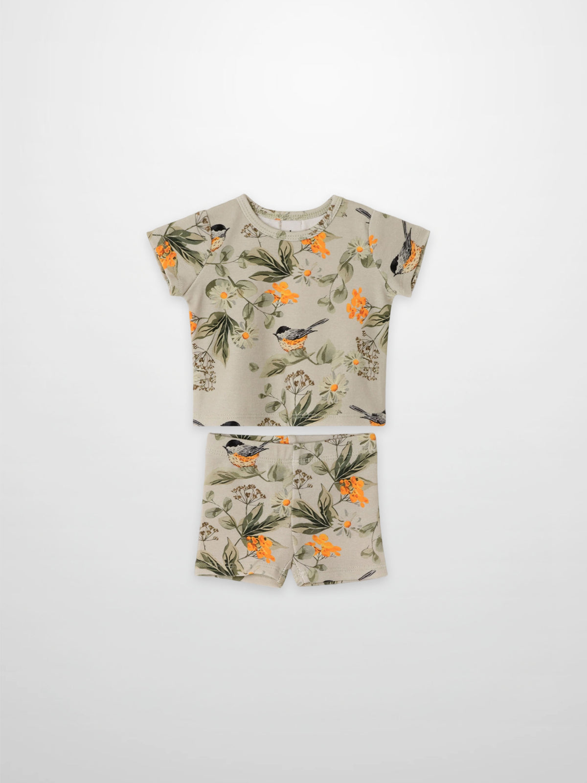 Garden Finch 2-piece Shorts Set by Adee; beige floral bird-print top with matching shorts for little girls.