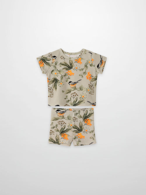 Garden Finch 2-piece Shorts Set by Adee; beige floral bird-print top with matching shorts for little girls.