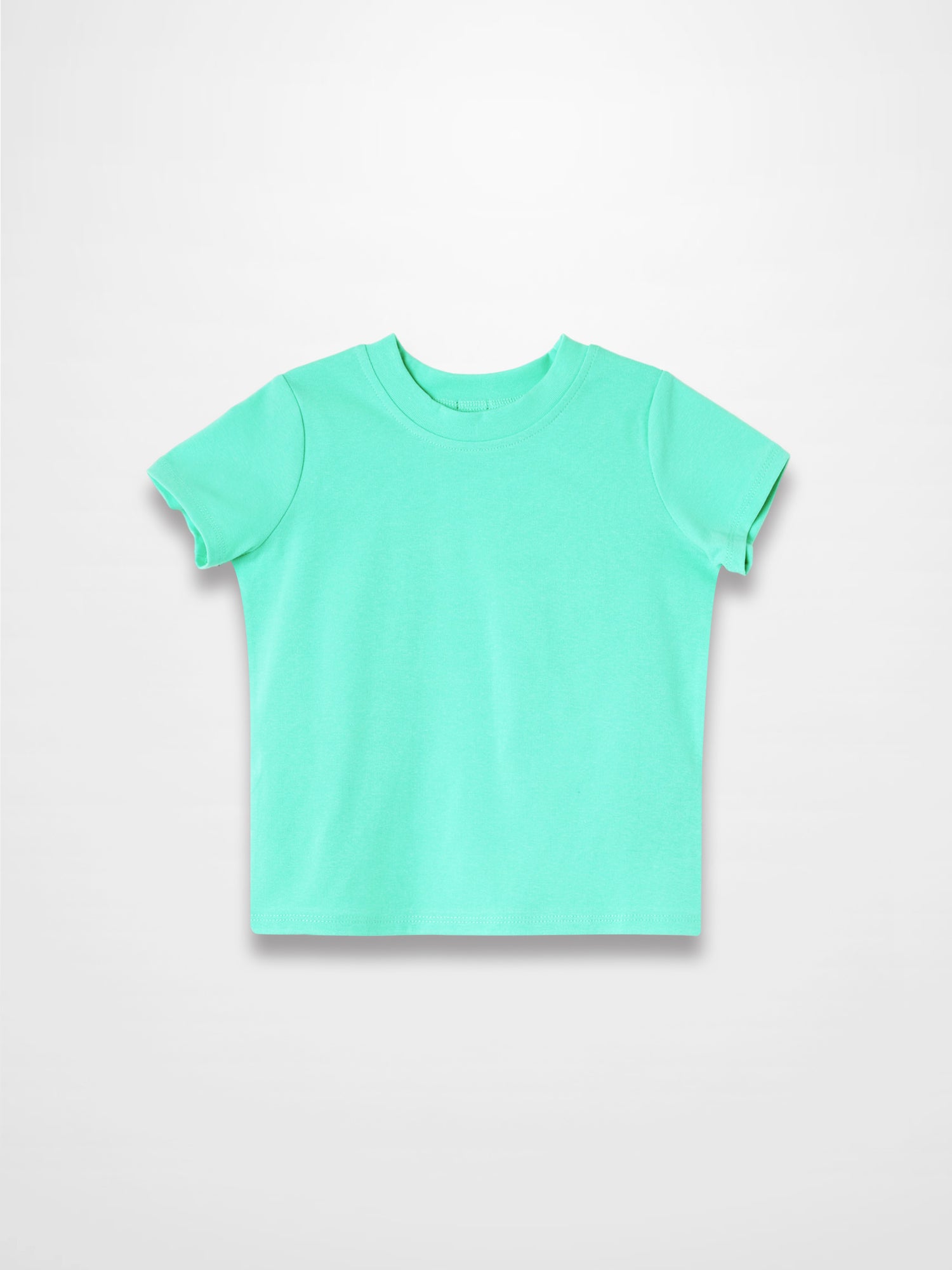 Mint green thin ribbed short-sleeve T-shirt laid flat on white background