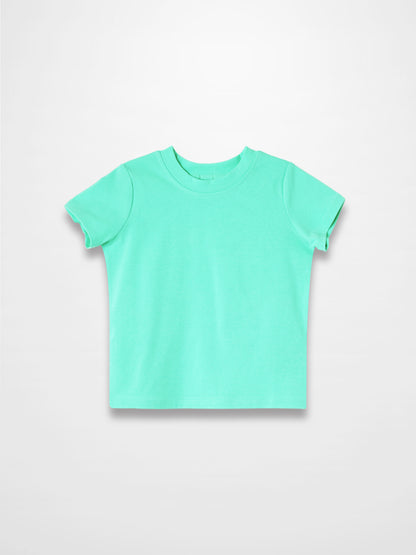 Mint green thin ribbed short-sleeve T-shirt laid flat on white background