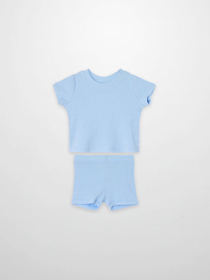 Short Sleeve Boxy T-shirt  &amp; Shorts Set - Light Blue