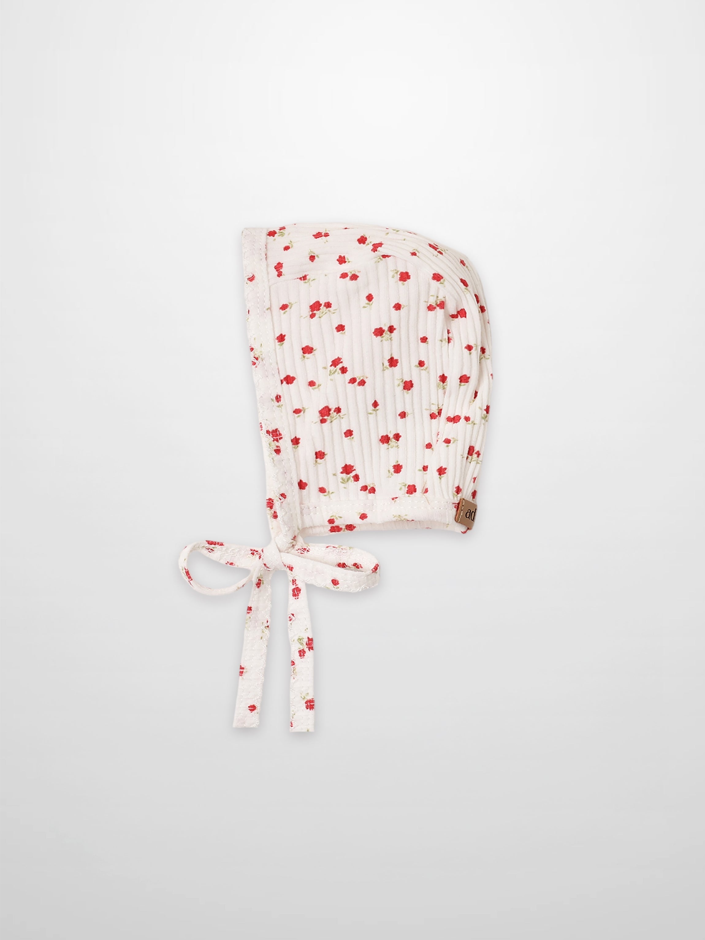 Red Flower Bonnet for Girls by Adee; white fabric with delicate red floral print